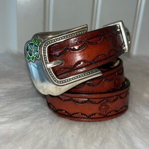 Brown leather belt beautiful tooling stamped flowers 
green flowers est XL 1X